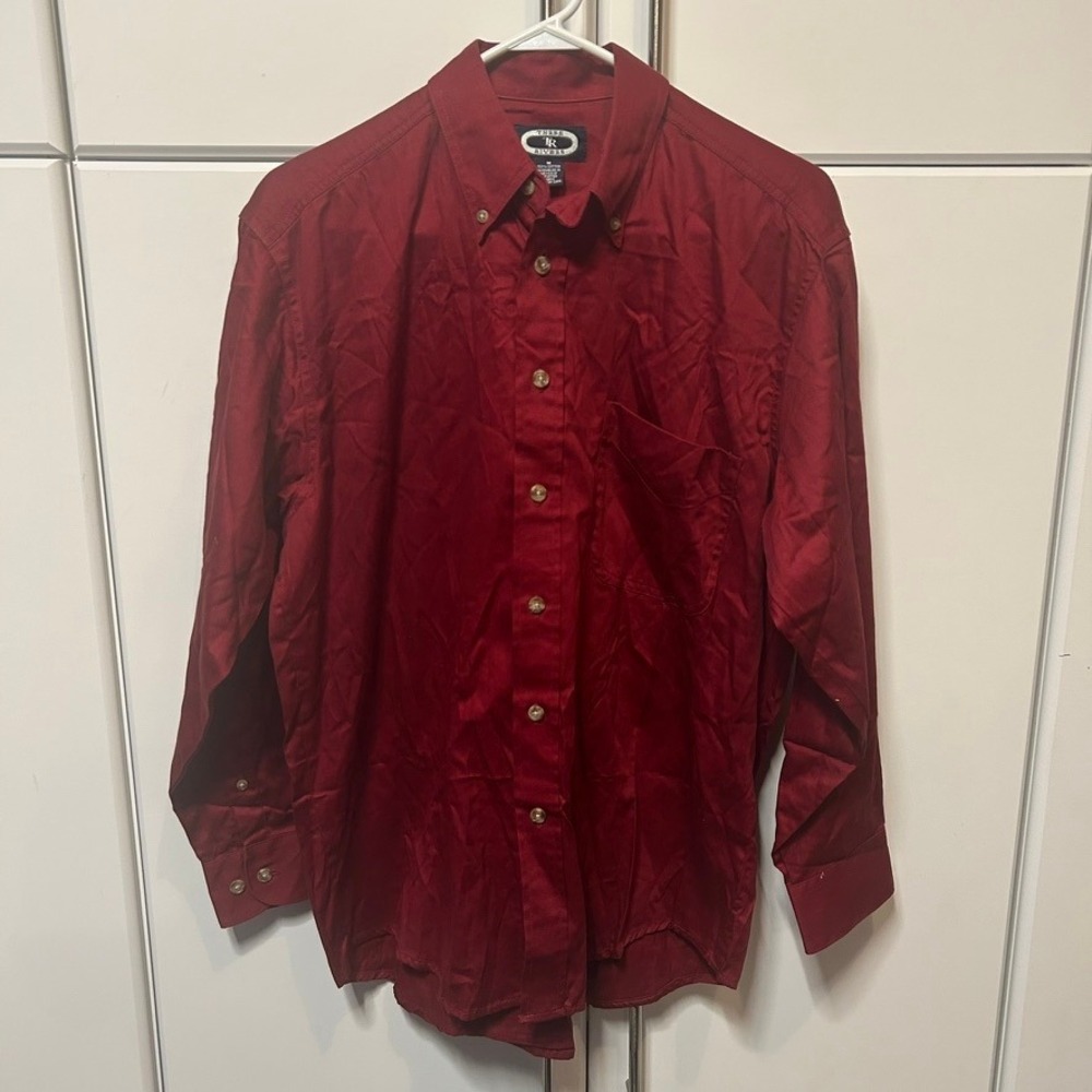 Three Rivers Mens Medium Burgundy Red 100% Cotton Button Down Shirt Long Sleeve